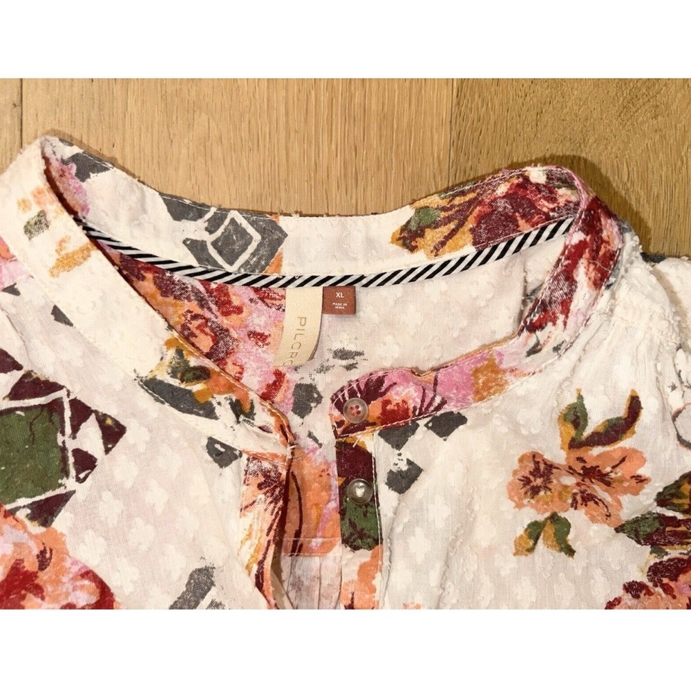 Pilcro Anthropologie Floral Surf Top Blouse Swiss Dot Henley Boho Pink Cream XL - Picture 8 of 12
